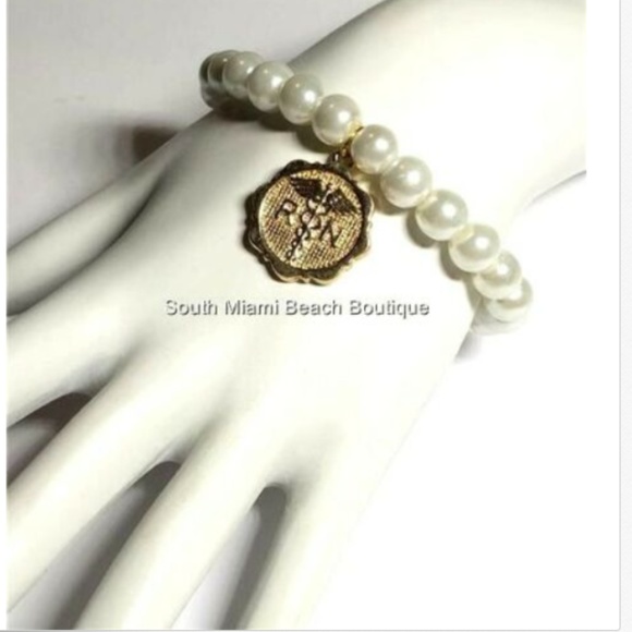 RN Nursing Caduceus Pearl Bead Charm Bracelet Gold Plated Nurse Graduation Gift - Picture 4 of 8